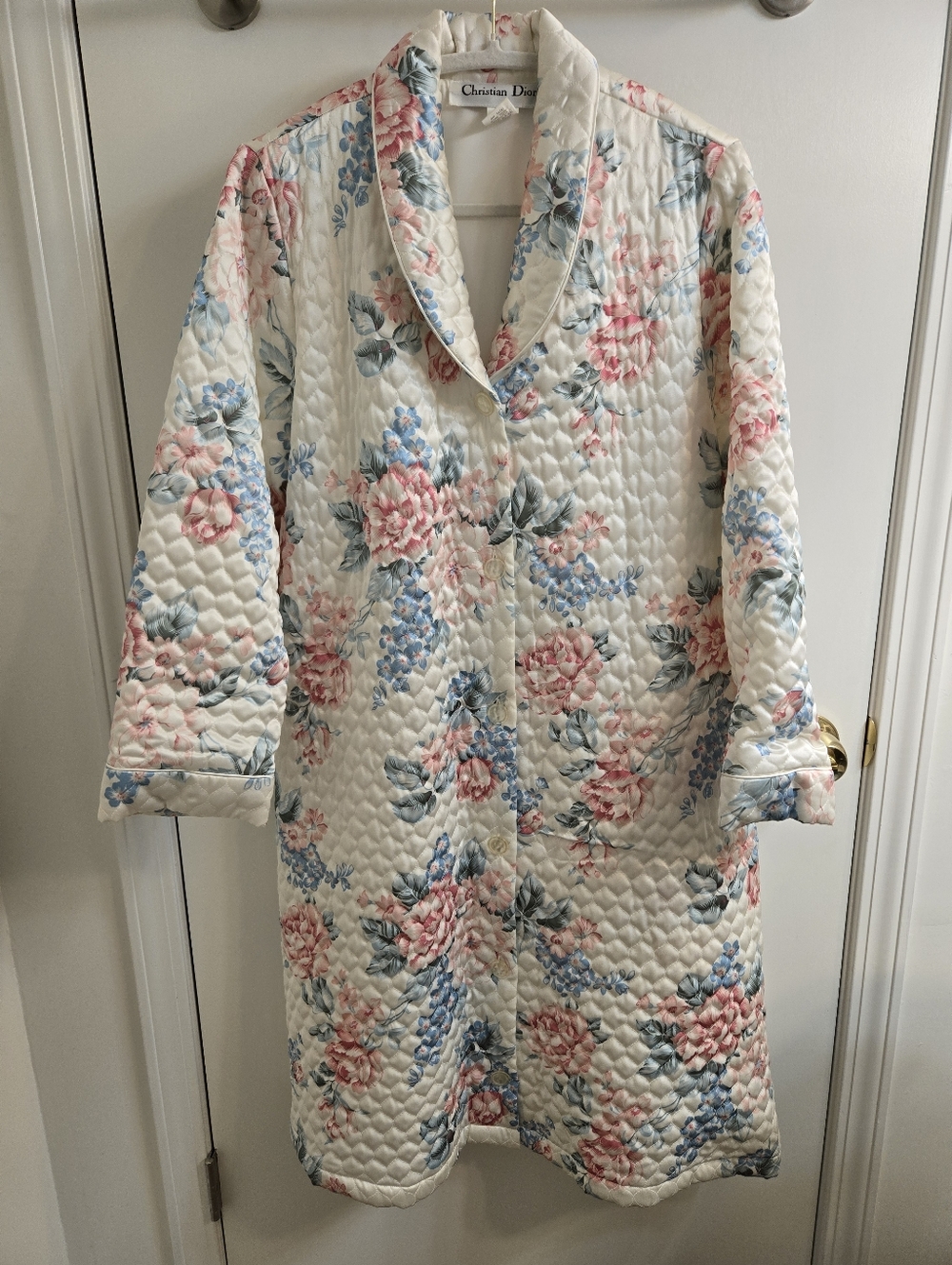 Vintage Christian Dior 1960s Quilted Satin Housecoat Robe Pink Floral White M